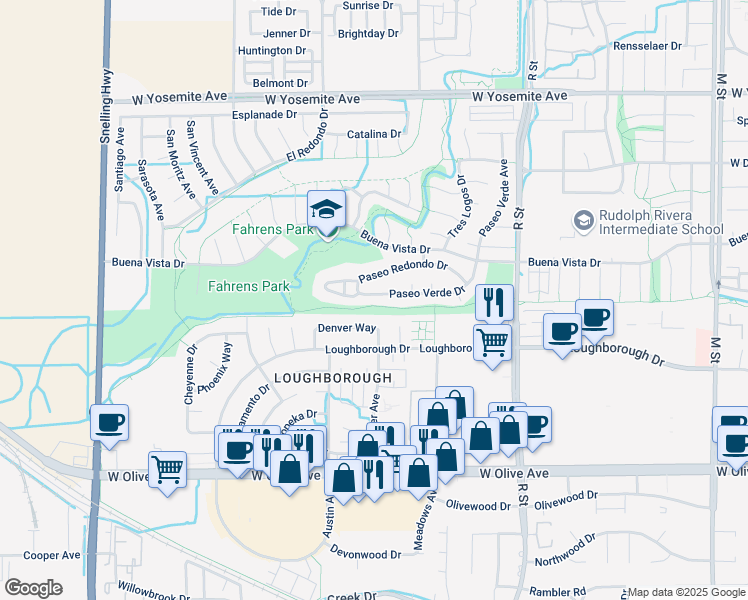 map of restaurants, bars, coffee shops, grocery stores, and more near 1437 Denver Way in Merced