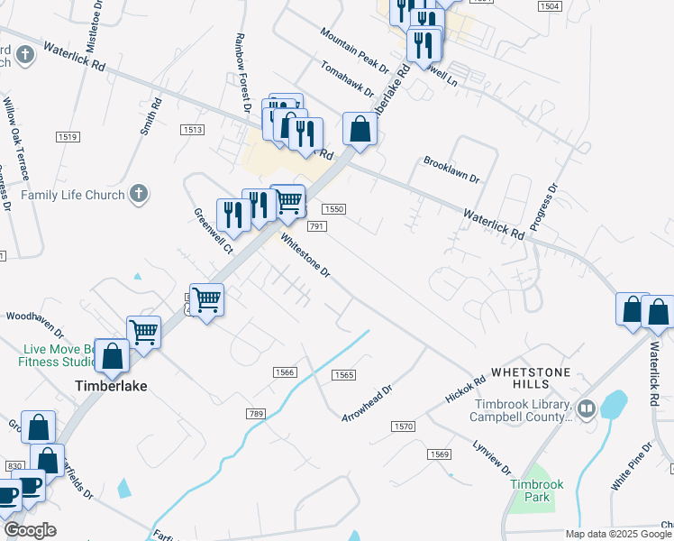 map of restaurants, bars, coffee shops, grocery stores, and more near 775 Whitestone Drive in Lynchburg