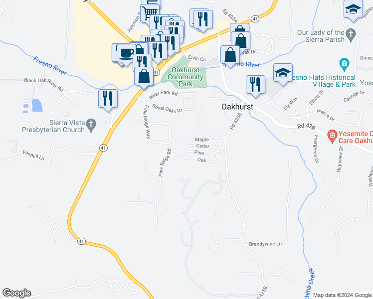 map of restaurants, bars, coffee shops, grocery stores, and more near in Oakhurst