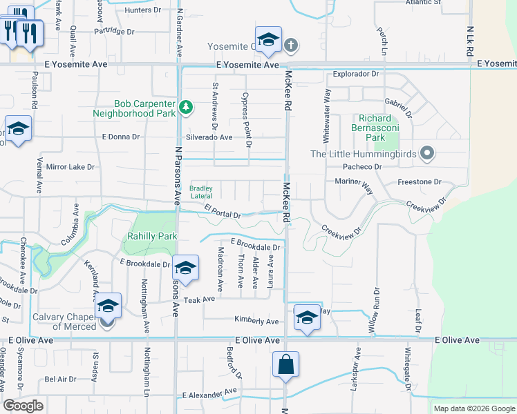 map of restaurants, bars, coffee shops, grocery stores, and more near 2102 El Portal Drive in Merced