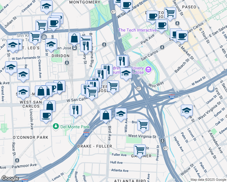 map of restaurants, bars, coffee shops, grocery stores, and more near 399 Josefa Street in San Jose