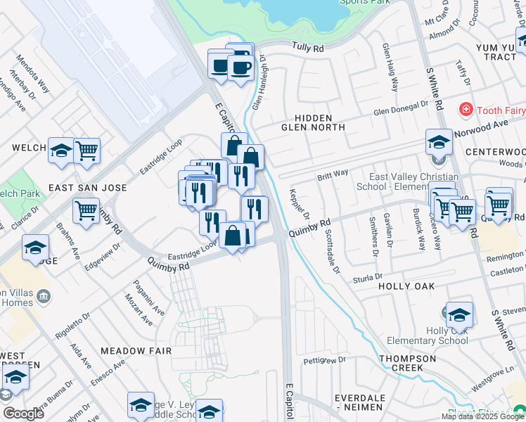 map of restaurants, bars, coffee shops, grocery stores, and more near 365 Capitol Expressway in San Jose