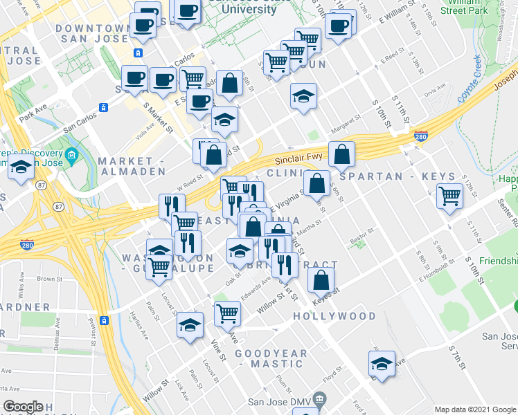 map of restaurants, bars, coffee shops, grocery stores, and more near 795 South 2nd Street in San Jose