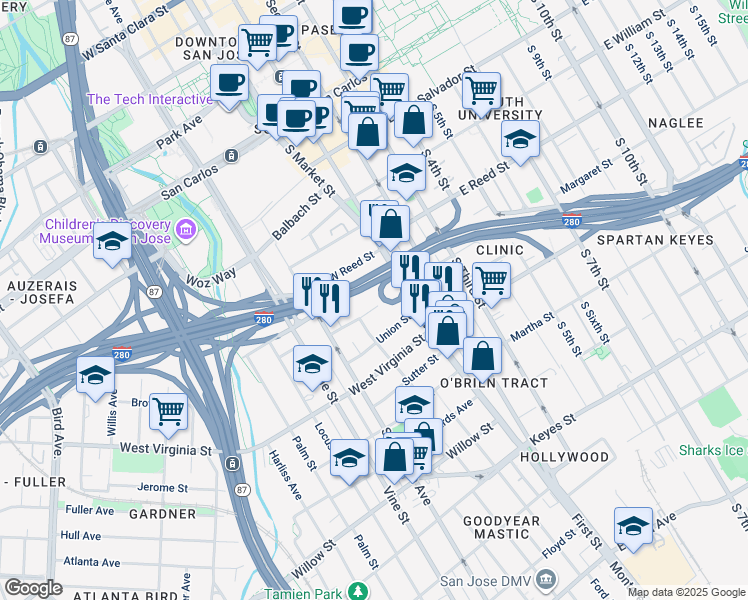 map of restaurants, bars, coffee shops, grocery stores, and more near 109 Duane Street in San Jose