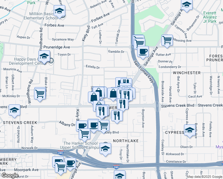 map of restaurants, bars, coffee shops, grocery stores, and more near 2650 Keystone Avenue in Santa Clara