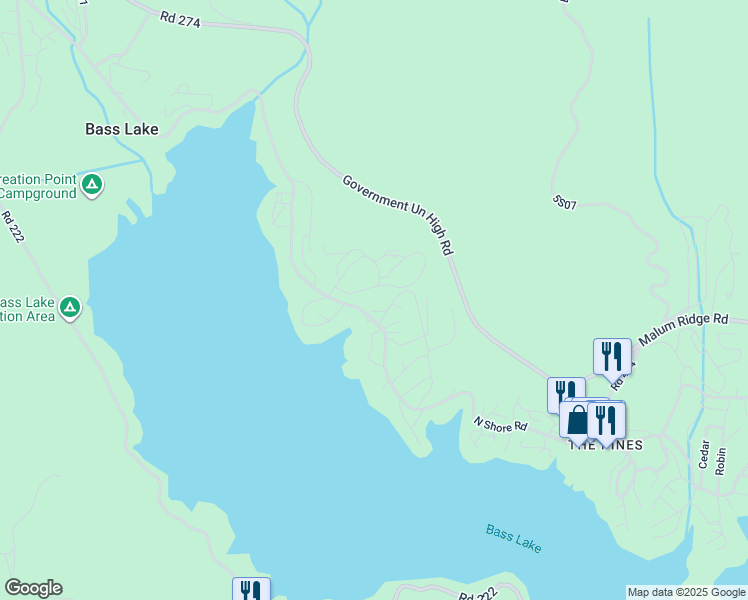 map of restaurants, bars, coffee shops, grocery stores, and more near 39656 Red Bud in Bass Lake