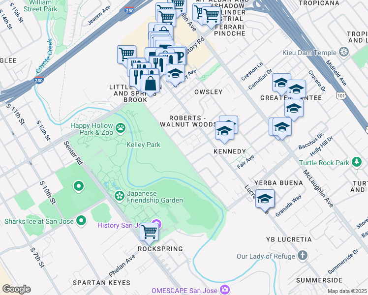 map of restaurants, bars, coffee shops, grocery stores, and more near 1410 Roberts Avenue in San Jose