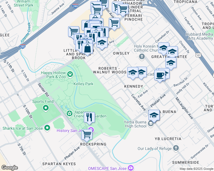 map of restaurants, bars, coffee shops, grocery stores, and more near 1410 Roberts Avenue in San Jose