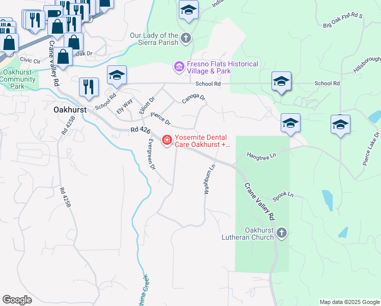 map of restaurants, bars, coffee shops, grocery stores, and more near 49832 Road 426 in Oakhurst