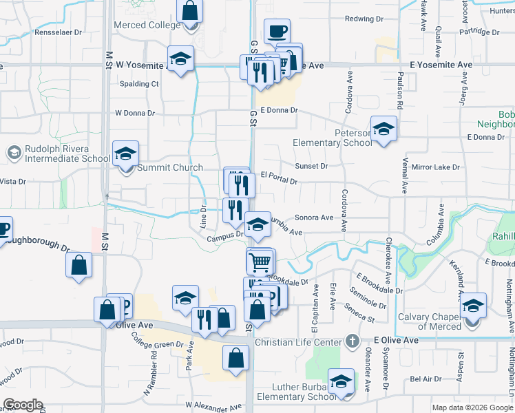 map of restaurants, bars, coffee shops, grocery stores, and more near 3376 G Street in Merced