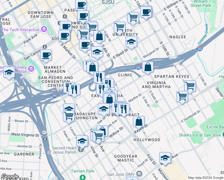 map of restaurants, bars, coffee shops, grocery stores, and more near 776 South 2nd Street in San Jose