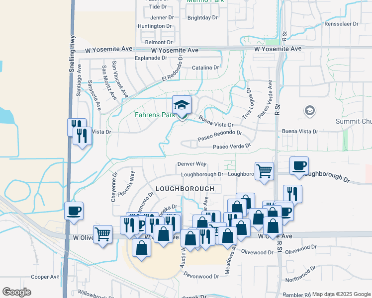 map of restaurants, bars, coffee shops, grocery stores, and more near 1328 Paseo Redondo Drive in Merced