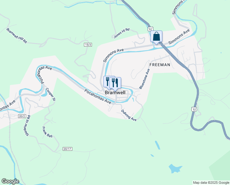 map of restaurants, bars, coffee shops, grocery stores, and more near in Bramwell
