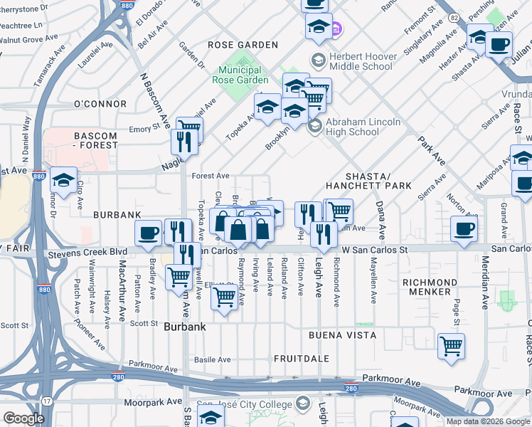 map of restaurants, bars, coffee shops, grocery stores, and more near 30 Boston Avenue in San Jose