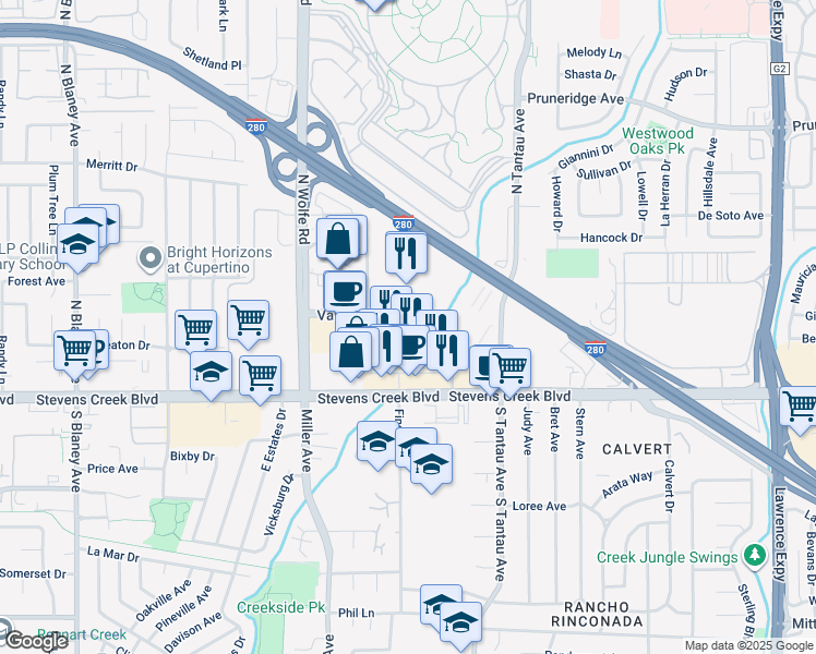map of restaurants, bars, coffee shops, grocery stores, and more near 19550 Vallco Parkway in Cupertino