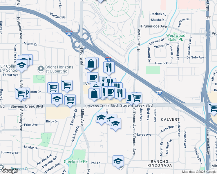map of restaurants, bars, coffee shops, grocery stores, and more near 19550 Vallco Parkway in Cupertino