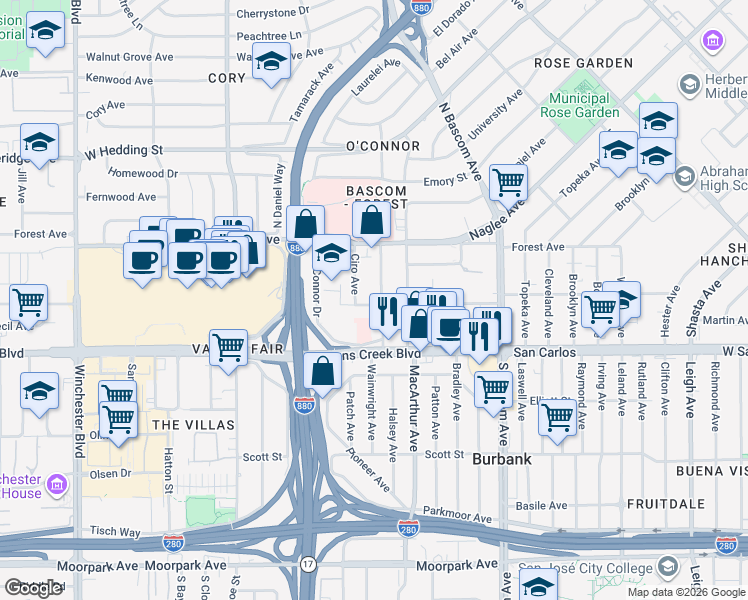 map of restaurants, bars, coffee shops, grocery stores, and more near 2516 Bailey Avenue in San Jose