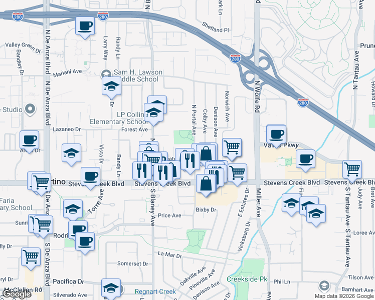 map of restaurants, bars, coffee shops, grocery stores, and more near 10166 McLaren Place in Cupertino