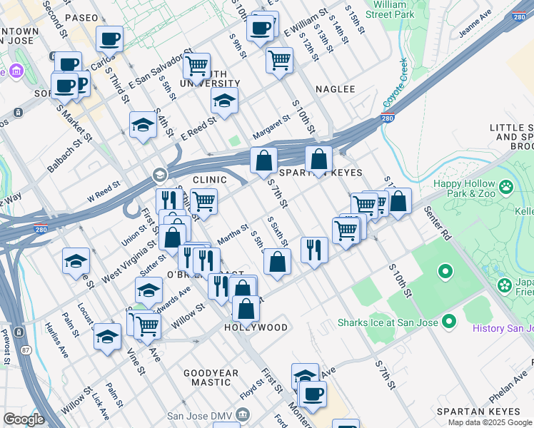 map of restaurants, bars, coffee shops, grocery stores, and more near S 6th St & Martha St in San Jose