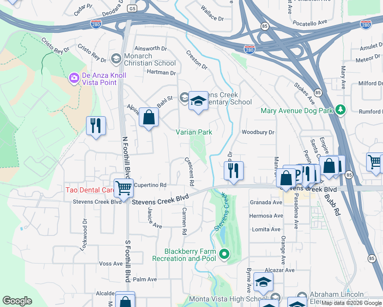 map of restaurants, bars, coffee shops, grocery stores, and more near 10154 Amelia Court in Cupertino