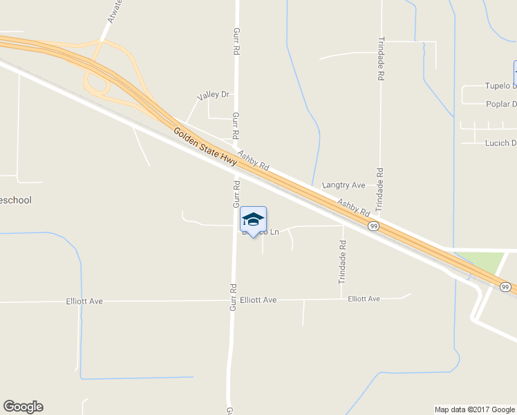 map of restaurants, bars, coffee shops, grocery stores, and more near 2590 Gurr Road in Atwater