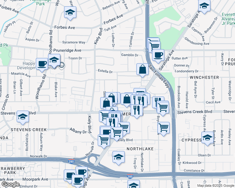 map of restaurants, bars, coffee shops, grocery stores, and more near 236 Buckingham Drive in Santa Clara