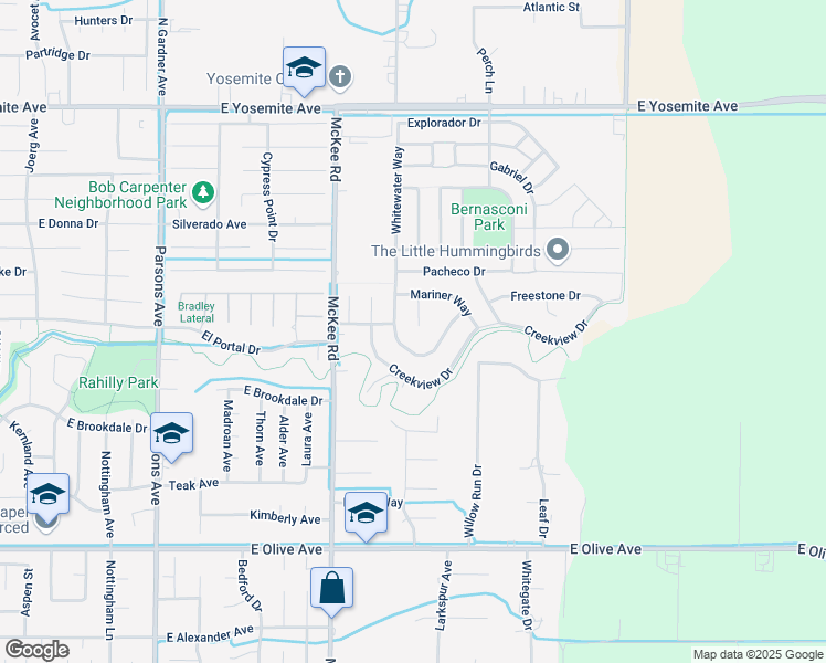 map of restaurants, bars, coffee shops, grocery stores, and more near 3511 Windsong Court in Merced