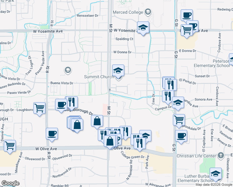 map of restaurants, bars, coffee shops, grocery stores, and more near 3300 M Street in Merced