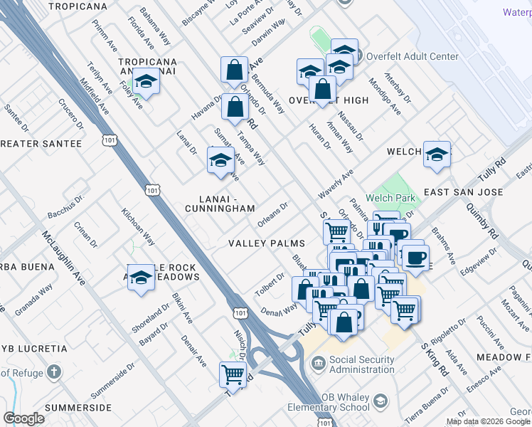 map of restaurants, bars, coffee shops, grocery stores, and more near 1629 Waverly Avenue in San Jose
