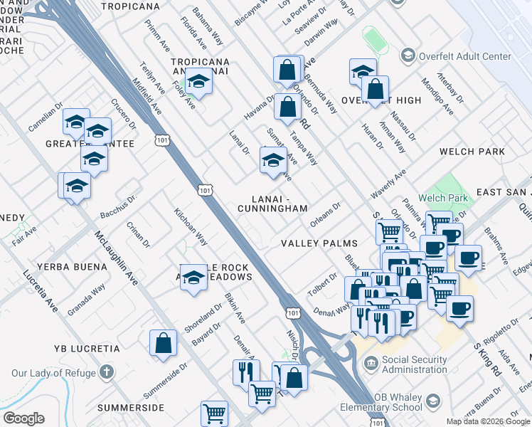 map of restaurants, bars, coffee shops, grocery stores, and more near 1877 Midfield Avenue in San Jose