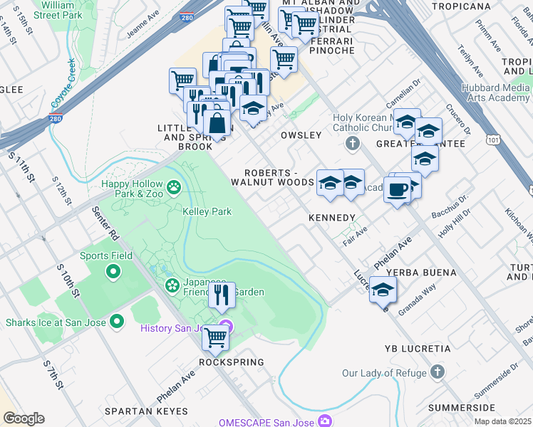 map of restaurants, bars, coffee shops, grocery stores, and more near 1450 Roberts Avenue in San Jose