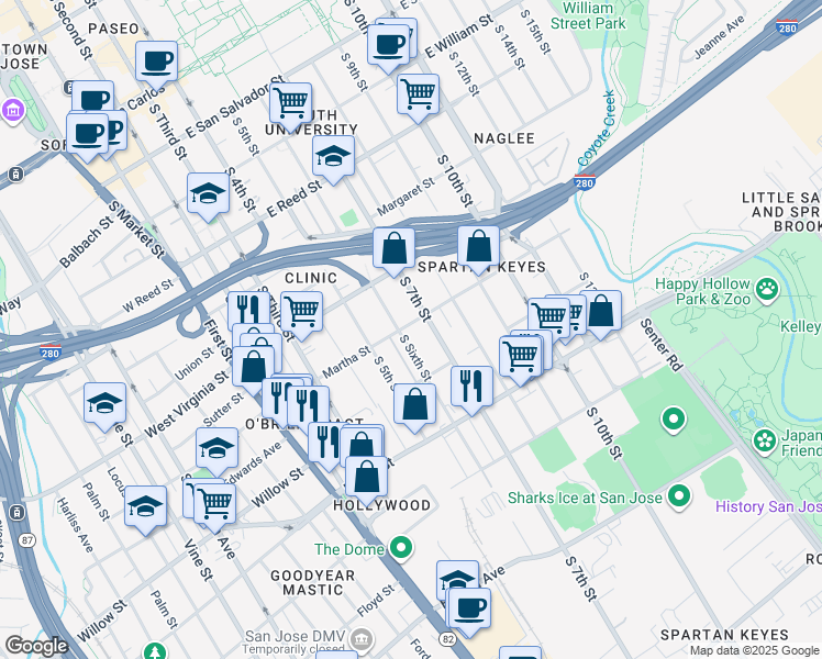 map of restaurants, bars, coffee shops, grocery stores, and more near 2103 South 6th Street in San Jose