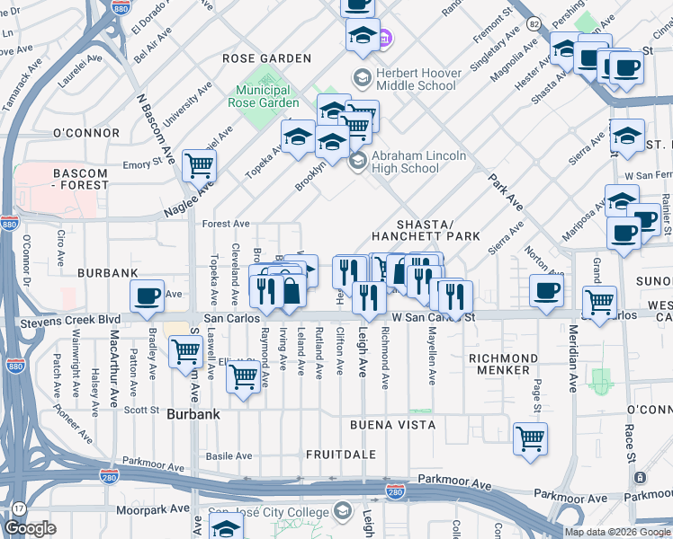 map of restaurants, bars, coffee shops, grocery stores, and more near 1762 Hester Avenue in San Jose
