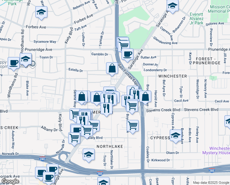 map of restaurants, bars, coffee shops, grocery stores, and more near 2566-2580 Keystone Avenue in Santa Clara