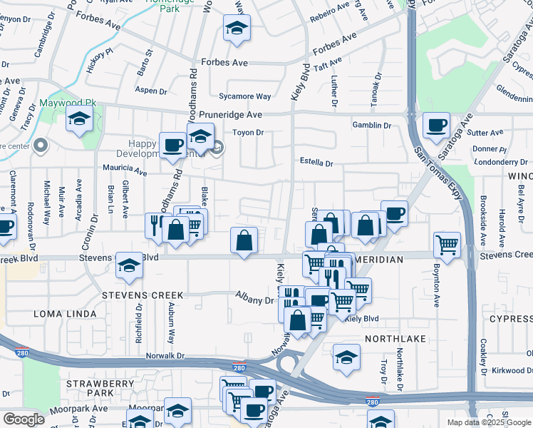map of restaurants, bars, coffee shops, grocery stores, and more near 2840 Malabar Avenue in Santa Clara
