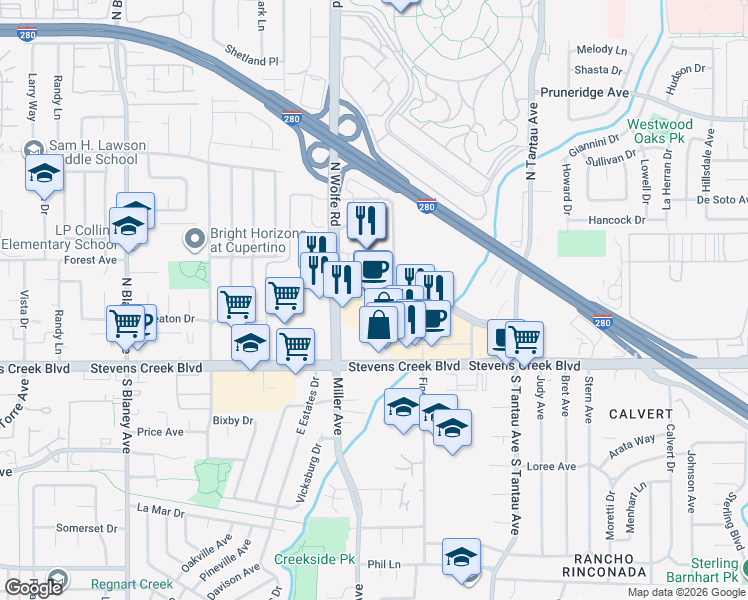map of restaurants, bars, coffee shops, grocery stores, and more near 19700 Vallco Parkway in Cupertino