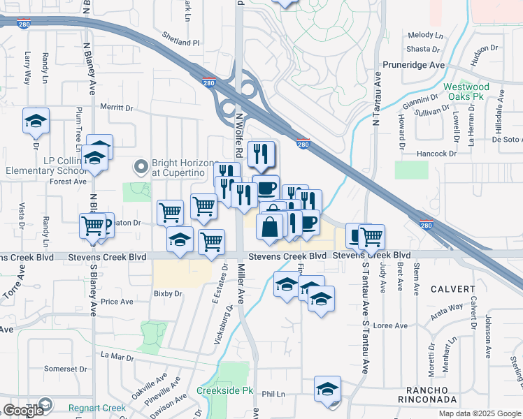 map of restaurants, bars, coffee shops, grocery stores, and more near 19700 Vallco Parkway in Cupertino