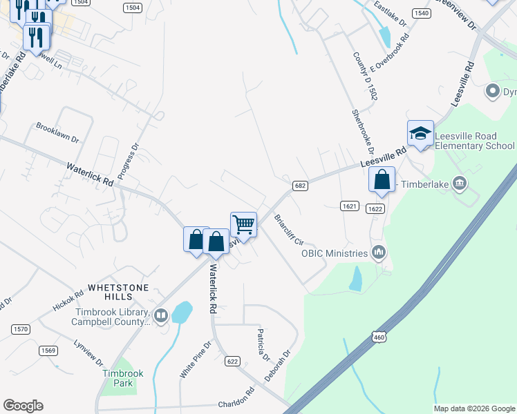 map of restaurants, bars, coffee shops, grocery stores, and more near 621 Briarcliff Circle in Lynchburg