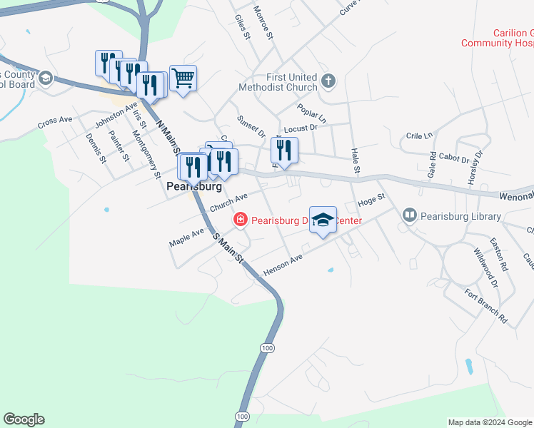 map of restaurants, bars, coffee shops, grocery stores, and more near 307-499 South Woodrum Street in Pearisburg