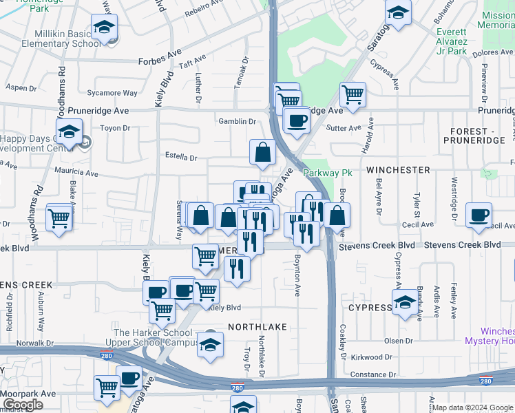 map of restaurants, bars, coffee shops, grocery stores, and more near 80 Saratoga Avenue in Santa Clara