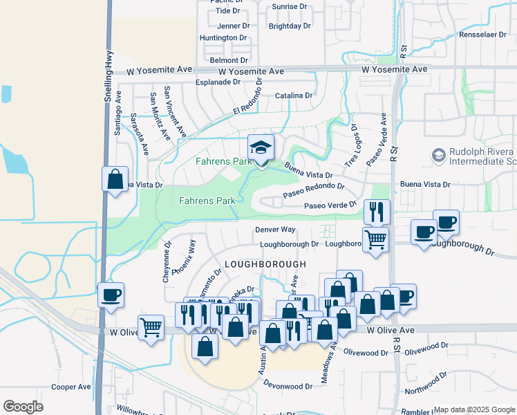 map of restaurants, bars, coffee shops, grocery stores, and more near 1344 Paseo Redondo Drive in Merced