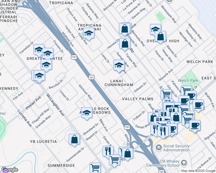 map of restaurants, bars, coffee shops, grocery stores, and more near 1877 Midfield Avenue in San Jose