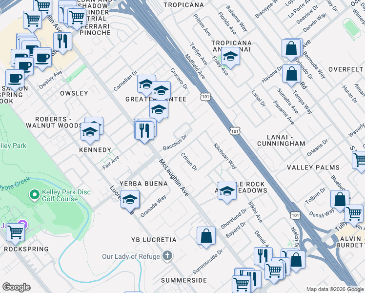 map of restaurants, bars, coffee shops, grocery stores, and more near 1861 Kinross Way in San Jose