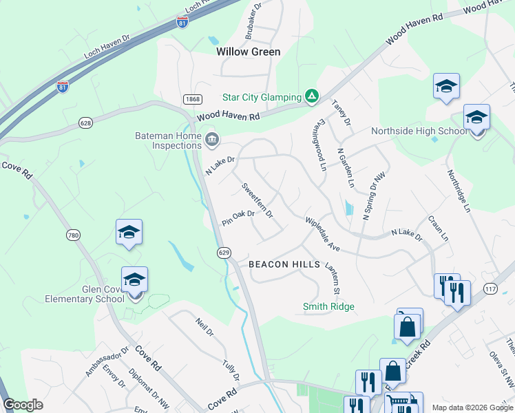 map of restaurants, bars, coffee shops, grocery stores, and more near 5434 Loblolly Drive in Roanoke