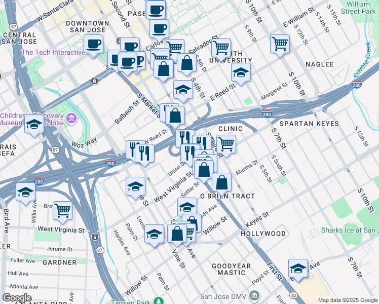 map of restaurants, bars, coffee shops, grocery stores, and more near 743 South 1st Street in San Jose