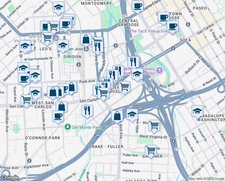 map of restaurants, bars, coffee shops, grocery stores, and more near 561 Columbia Avenue in San Jose