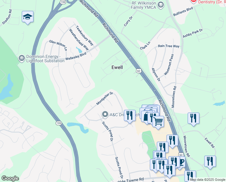 map of restaurants, bars, coffee shops, grocery stores, and more near 5844 Montpelier Drive in Williamsburg