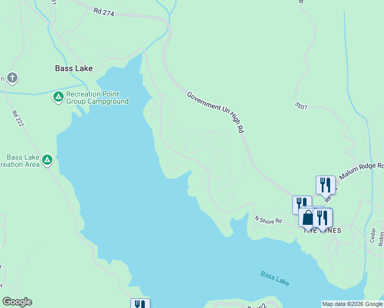 map of restaurants, bars, coffee shops, grocery stores, and more near 53819 Road 432 in Bass Lake