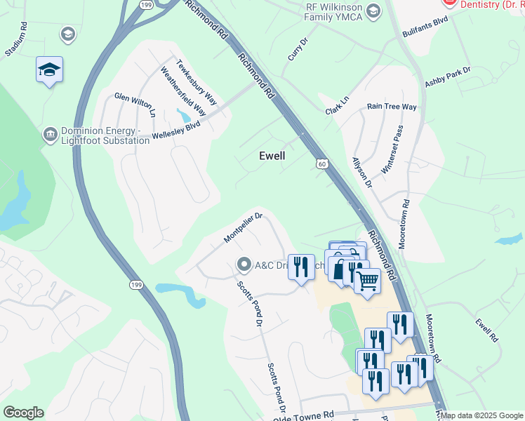 map of restaurants, bars, coffee shops, grocery stores, and more near 5844 Montpelier Drive in Williamsburg