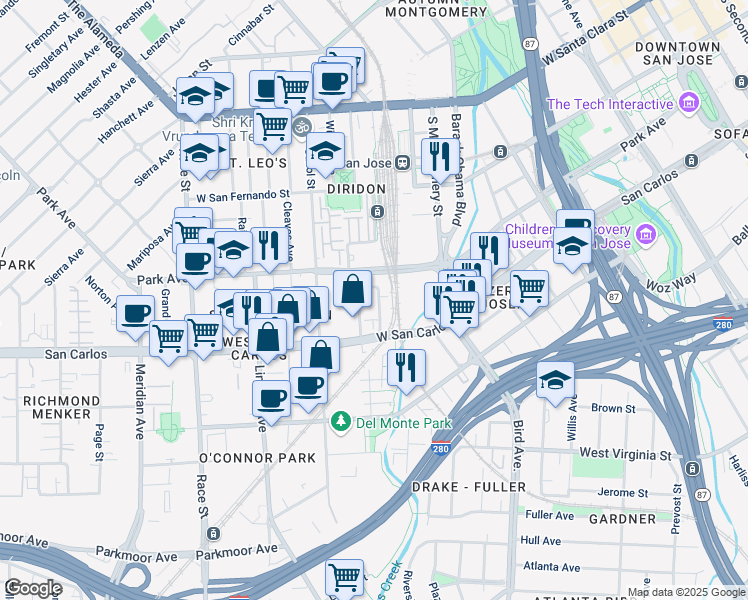 map of restaurants, bars, coffee shops, grocery stores, and more near 277 Dupont Street in San Jose